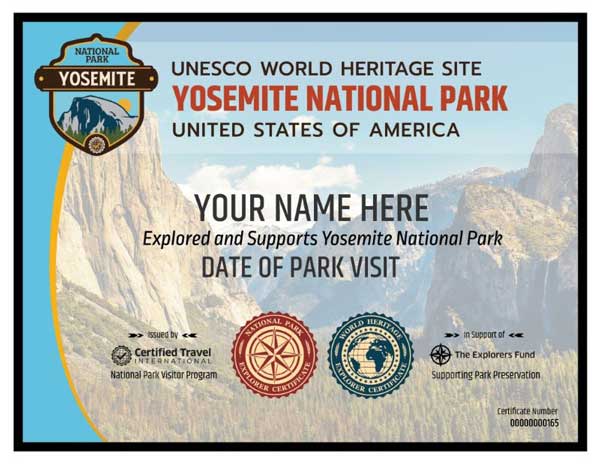 An image of the Yosemite National Park Explorer Certificate to purchase to declare your visit to Yosemite National Park UNESCO World Heritage Site, an example certificate to purchase through the link to the order form